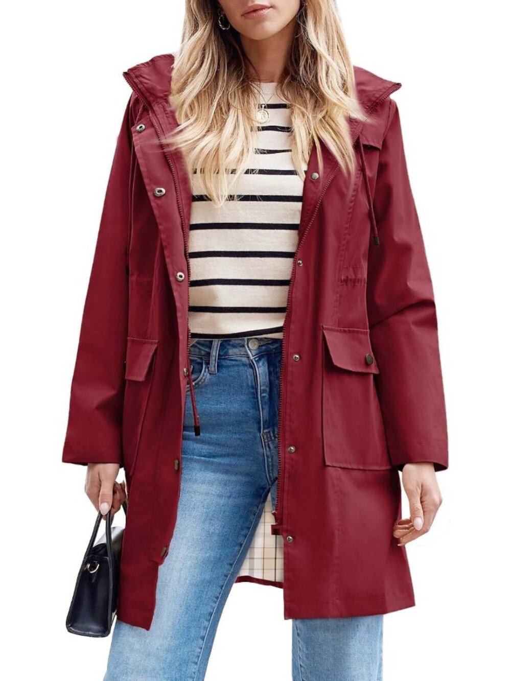 Women's Wine Red 100% Polyester Hooded Long Waterproof Packable Trench Rain Coat